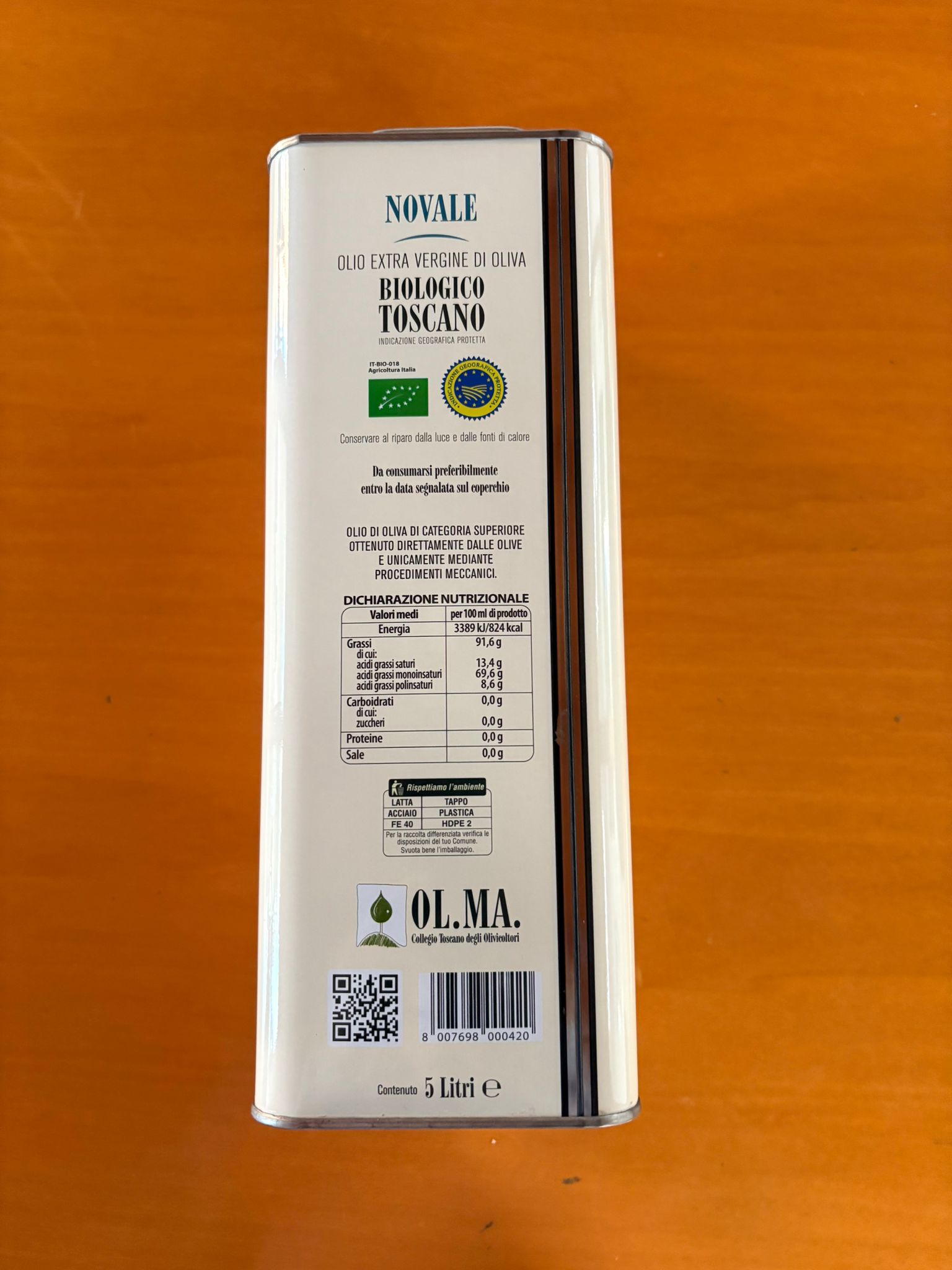 Tin 5 Litre "NOVALE" - Organic Tuscan P.G.I. Extra Virgin Olive Oil (Pack of 2) 