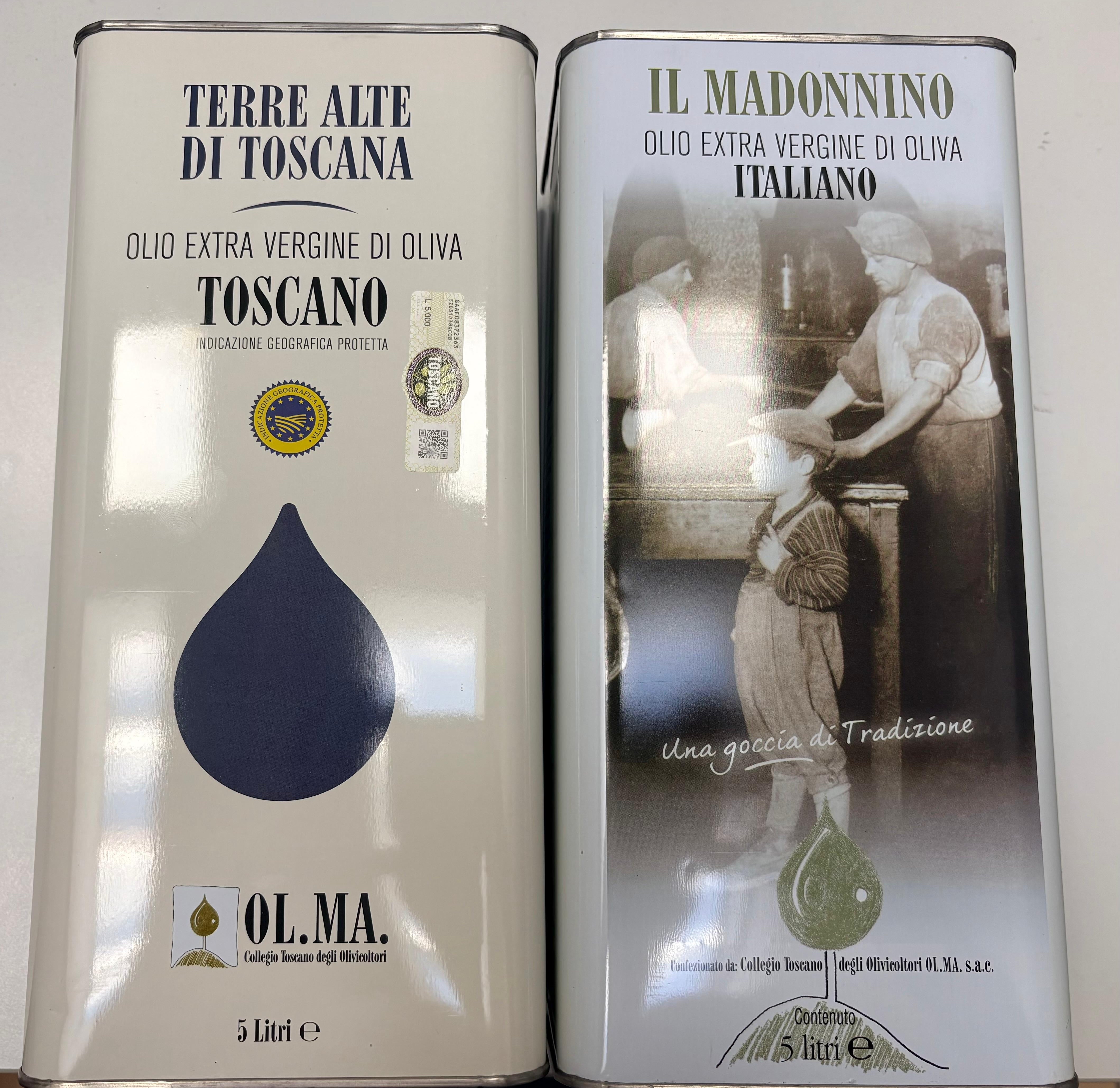 BOX - 1 Tin 5 Litre "Madonnino" Extra Virgin Olive Oil + 1 Tin 5 Litre "Terre Alte di Toscana" Tuscan P.G.I. Extra Virgin Olive Oil