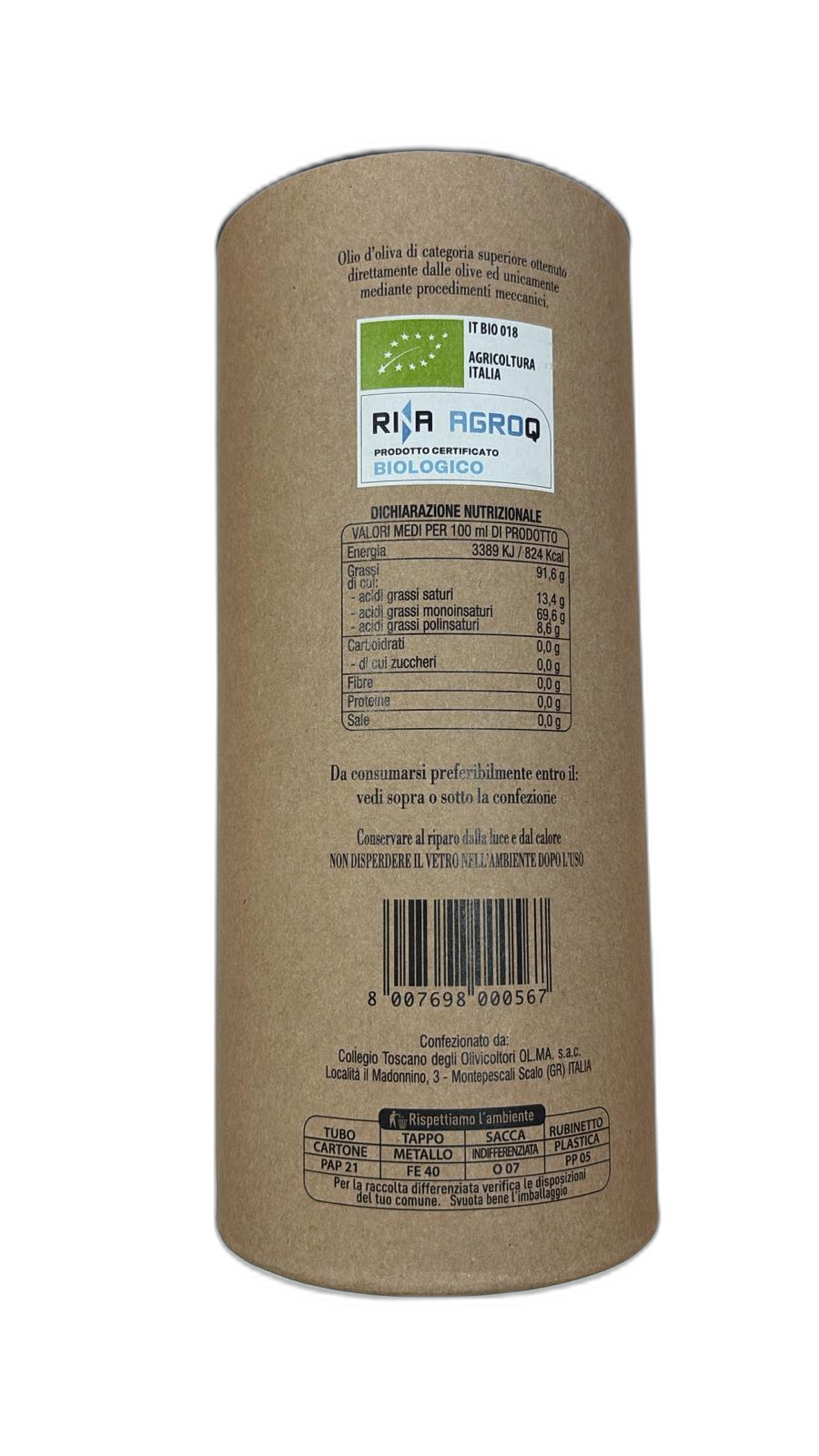 Bag in Box Tube 3 Litri "Dotto" - Olio Extravergine di Oliva Biologico
