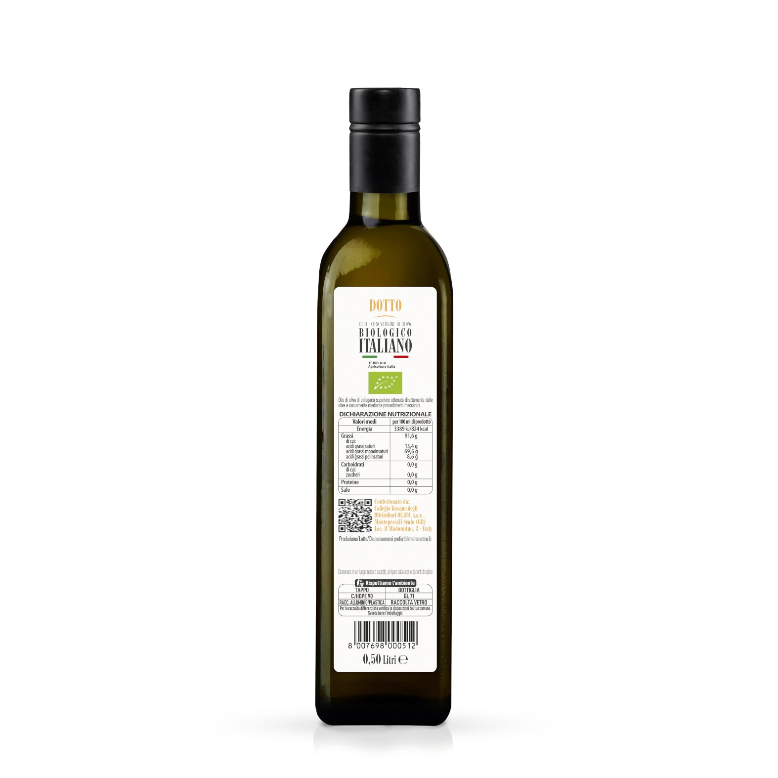 Bottle 0,50 Litre "Dotto" - Organic Extra Virgin Olive Oil (Pack of 6)