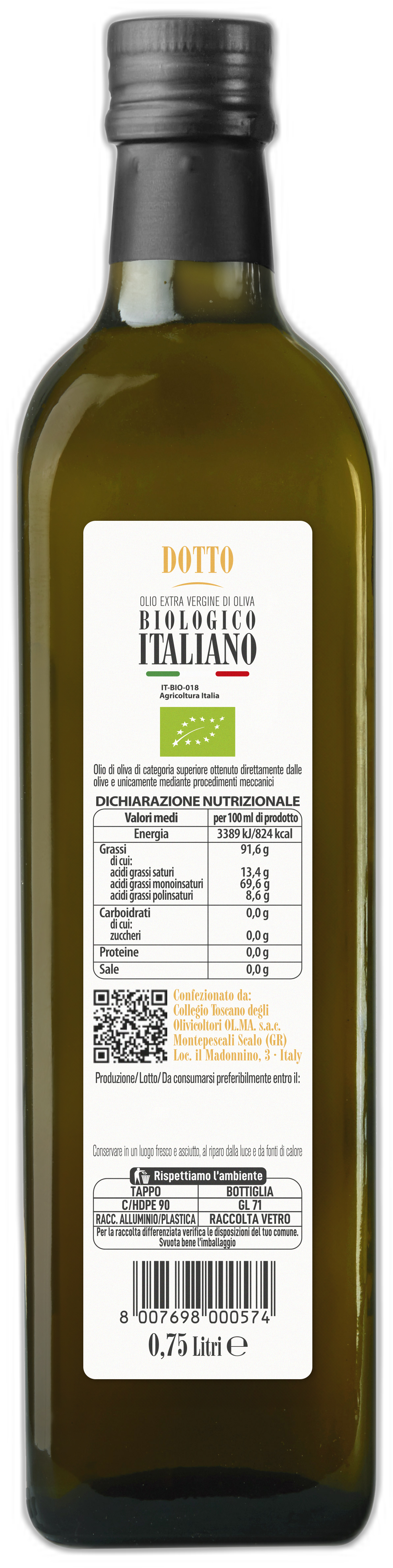 Bottle 0,50 Litre "Dotto" - Organic Extra Virgin Olive Oil (Pack of 6)