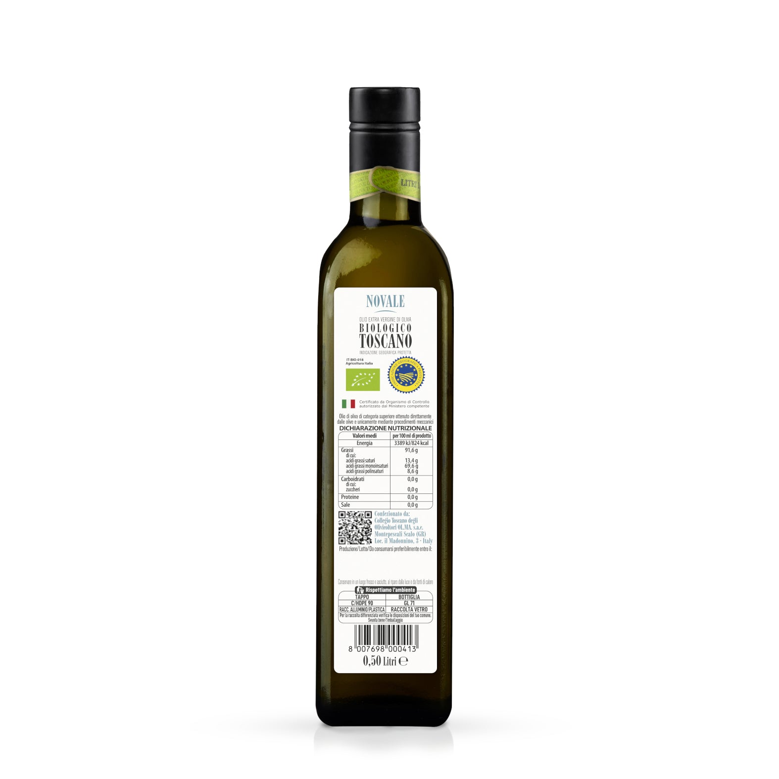 Bottiglia 0,50 Litri "Novale" - Olio Extravergine di Oliva Toscano IGP Biologico - Tappo Antirabbocco (Conf. 6 Pz.)