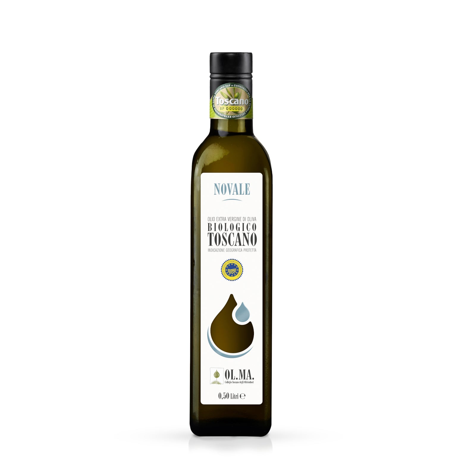 Bottiglia 0,50 Litri "Novale" - Olio Extravergine di Oliva Toscano IGP Biologico - Tappo Antirabbocco (Conf. 6 Pz.)