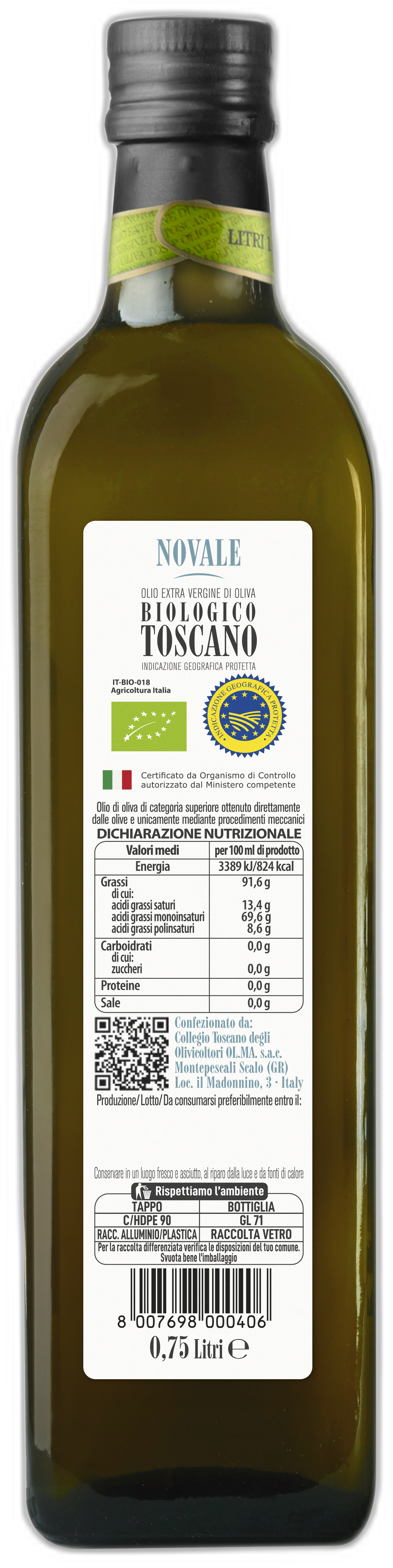 Bottle 0,50 Litre "Novale" - Organic Tuscan P.G.I. Extra Virgin Olive Oil (Pack of 6)